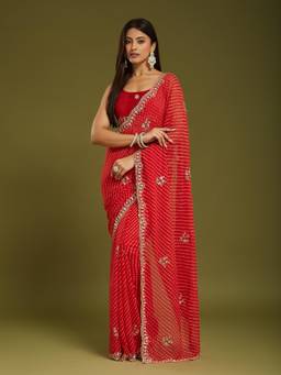 Nyri - Womens Georgette Red Zari Embroidered Designer Saree with Blouse Piece