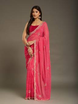 Nyri - Womens Georgette Pink Zari Embroidered Designer Saree with Blouse Piece