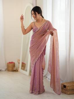 Nyri - Womens Georgette Mauve Embellished Designer Saree with Blouse Piece