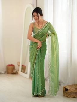 Nyri - Womens Georgette Lime Green Embellished Designer Saree with Blouse Piece