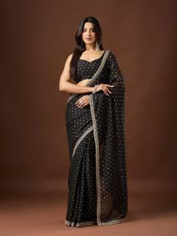 Nyri - Womens Georgette Black Zari Embroidered Designer Saree with Blouse Piece