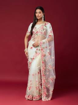 Nyri - Womens Net White Zari Embroidered Designer Saree with Blouse Piece