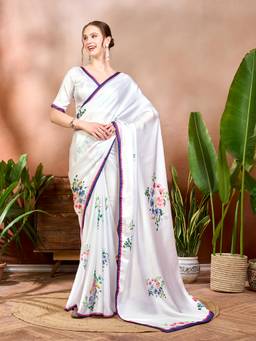 Nyri - Satin Silk White Floral Printed Festive Indie Floral Saree