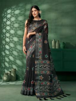 Nyri - Black Jaipuri Cotton Block Printed Zari Festive Saree