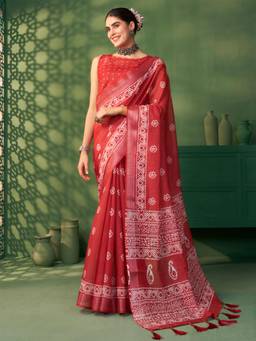 Nyri - Red Jaipuri Cotton Block Printed Zari Festive Saree