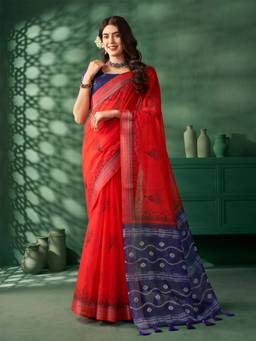 Nyri - Red Jaipuri Cotton Block Printed Zari Festive Saree