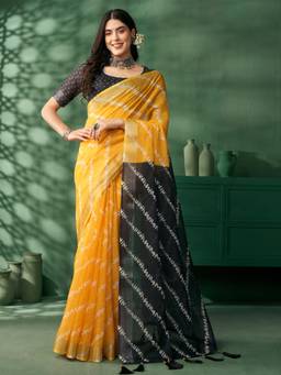 Nyri - Yellow Jaipuri Cotton Block Printed Zari Festive Saree