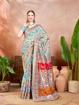Nyri - Jamdani Pastle Rama Pashmina Kashmiri Traditional Saree