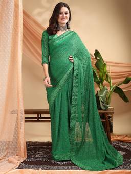 Nyri - Green Embroidered Pure Georgette Sequinned Party Saree