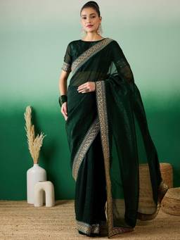 Nyri - Heavy Embroidery Lace Viscose Bottle Green Saree