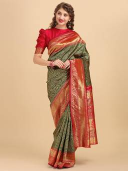 Nyri - Green Silk Blend Woven Design Banarasi Zari Work Saree