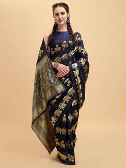 Nyri - Nevy Blue Silk Blend Woven Design Banarasi Zari Work Saree