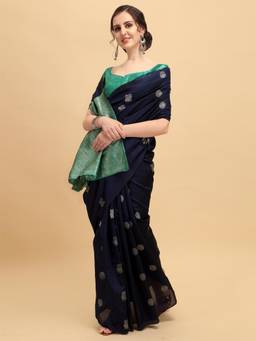 Nyri - Nevy Blue Silk Blend Woven Design Banarasi Zari Work Saree