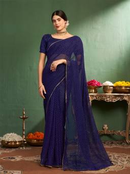 Nyri - Georgette Navy Blue Foil Mukaish Embellished Designer Saree