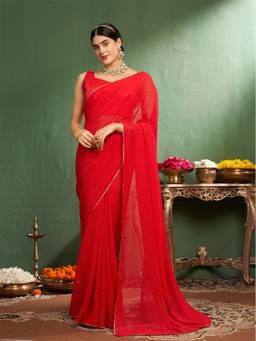 Nyri - Georgette Blood Red Foil Mukaish Embellished Designer Saree
