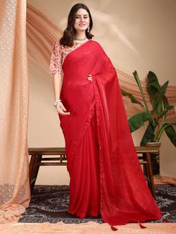 Nyri - Glass Chiffon Shinny Red Saree