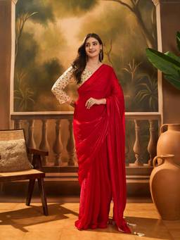 Nyri - Glass Chiffon Shinny Red Saree