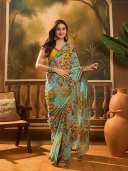 Nyri - Pastle Poly Georgette Indie Floral Saree with Blouse