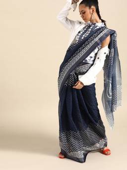 Nyri - Cotton Linen Navy Blue Printed Saree