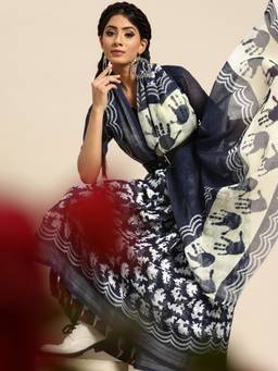 Nyri - Cotton Linen Navy Blue Printed Saree