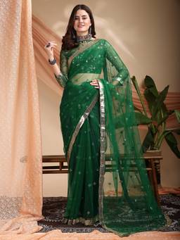 Nyri - Green Supernet Batik Sequinned Party Saree