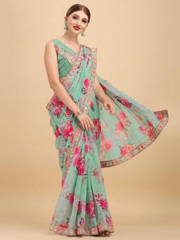 Nyri - Sea Green Georgette Printed Embroidered Designer Saree