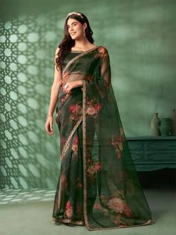 Nyri - Shinny Organza Earth Olive Floral Printed Embroidered Designer Saree