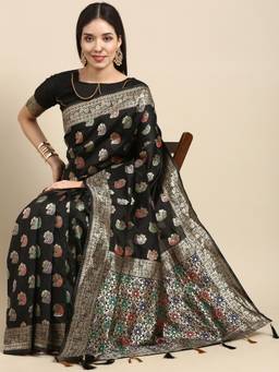 Nyri - Black Pure Silk Banarasi Woven Design Batik Zari Saree