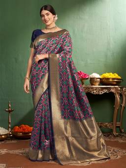 Nyri - Navy Blue Pure Silk Patola Embellished Woven Design Zari Saree