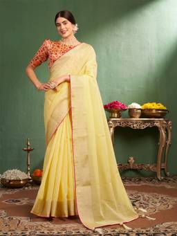 Nyri - Yellow Coimbatore Cotton Solid Zari Festive Saree