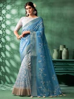 Nyri - Sky Blue Coimbatore Cotton Tie & Die Printed Zari Festive Saree