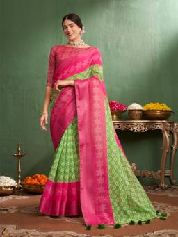 Nyri - Lime Green Coimbatore Floral Printed Zari Festive Saree