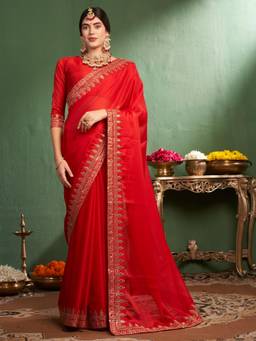 Nyri - Chiffon Blood Red Saubhagyavati Embroidered Karvachuath Designer Saree