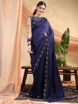 Nyri - Navy Blue Silk Blend Embroidered Party Designer Saree