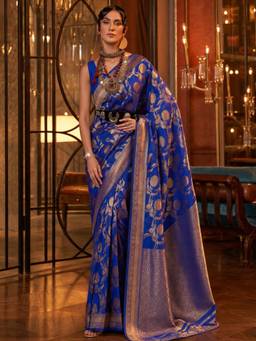 Nyri - Pure Silk Smarkand Blue Banarasi Woven Design Zari Border Saree