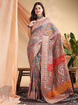 Nyri - Grey Jamdani Pashmina Silk Embellished Traditional Zari Saree
