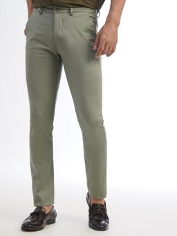 Greenfibre - Men's Light Green Cotton Super Slim Fit Solid Casual Trouser