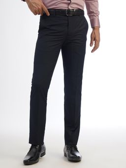 Metal - Men's Navy Blue Terry Rayon Slim Fit Solid Formal Trouser