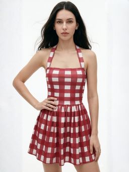 Outzidr - Red Polyester Checks Flared Dress