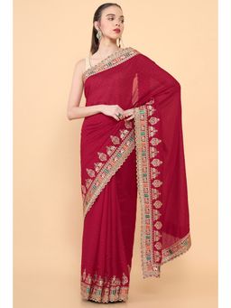 Soch - Women Red Cotton Silk Solid/Plain Saree with Unstitched Blouse