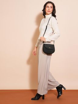 Globus - Black Vegan Leather Textured Moon Shape Sling Bag with Adjustable Strap