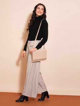 Globus - Light Beige Vegan Leather Solid Sling Bag with Detachable Strap