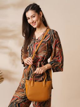 Globus - Tan Vegan Leather Textured Curved Shape Sling Bag with Adjustable Strap