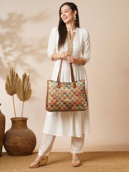 Globus - Multi Yellow Floral Ethnic Motifs Printed Tote Bag