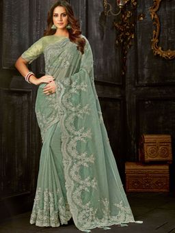 Odette - Green Tissue Designer Saree with Unstitched Blouse
