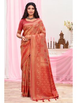 Sangam Prints - Red Silk Woven Zari Work Traditional Tassel Saree with Unstitched Blouse