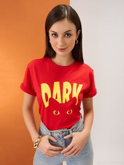 Globus - Women Red Print Round Neck Short Sleeves Boxy Fit T-Shirt