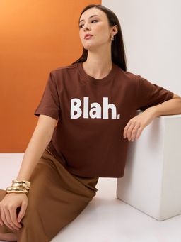 Globus - Women Brown Typography Print Round Neck Short Sleeves Boxy Fit T-Shirt