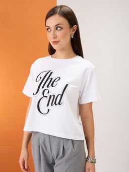 Globus - Women White Detail Round Neck Short Sleeves Boxy Fit Crop T-Shirt