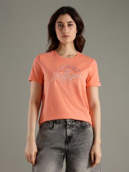 Tommy Hilfiger - Orange Embroidered Logo Regular Fit Cotton T-Shirt